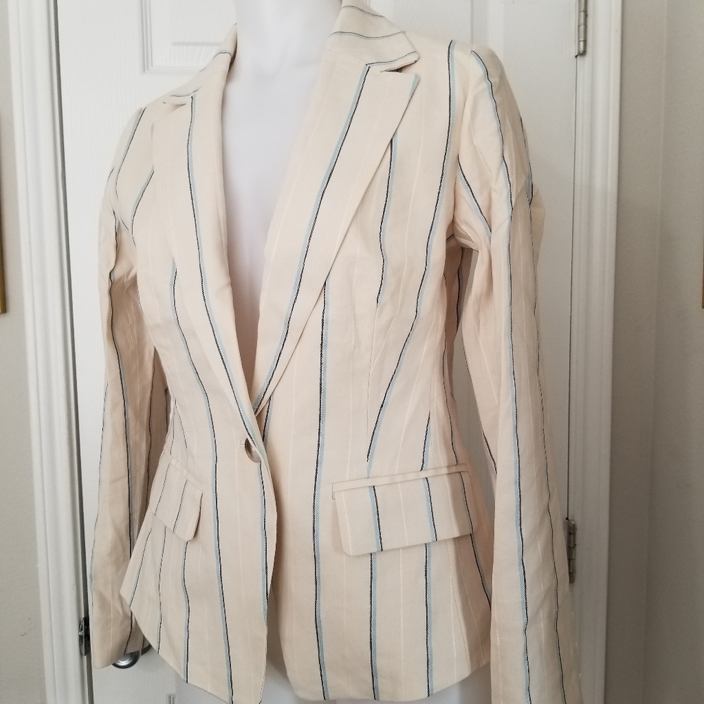 LOFT Linen Blend Cream Striped Cropped Blazer 2 NWT - Picture 3 of 15